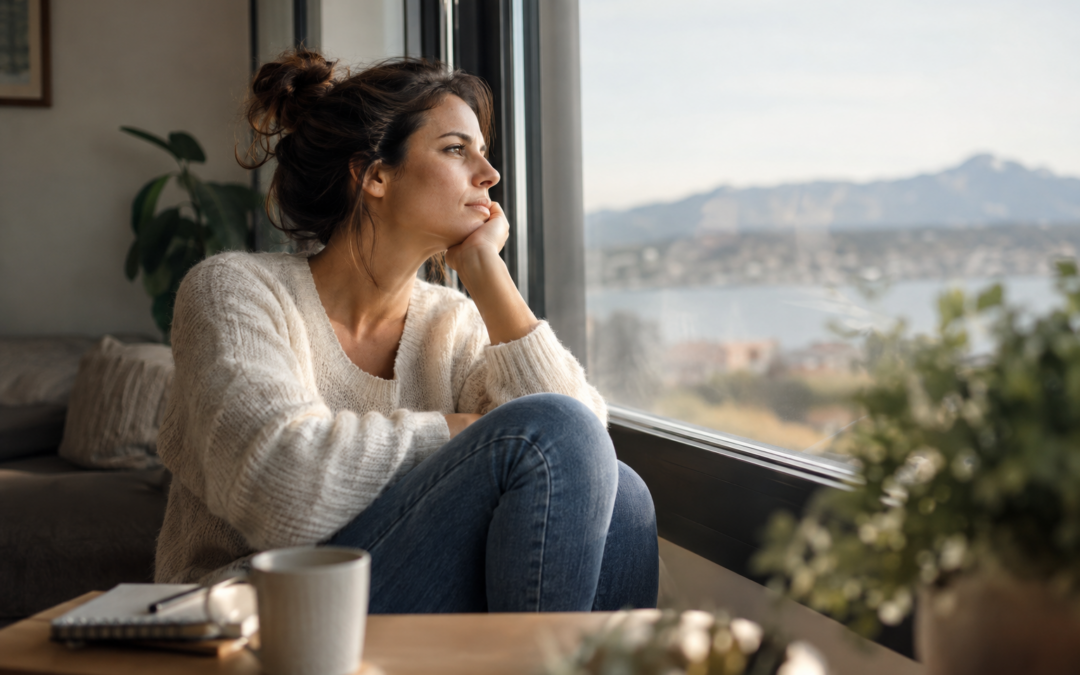 Femme assise près d’une fenêtre, pensive et fatiguée, illustrant les effets du stress et le besoin de ralentir.